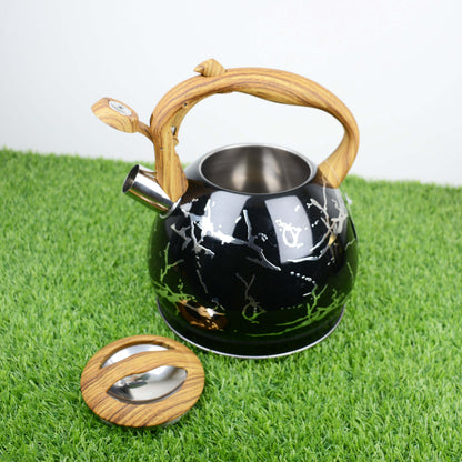 Colorful Painting Bollitore Whistling Kettles 3.0L Stove Top Single Bottom Whistling Kettle with Wooden Handle (Silver)