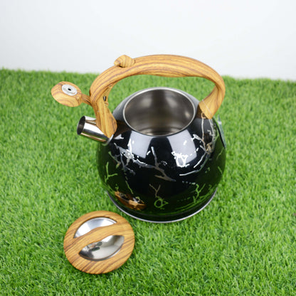 Colorful Painting Bollitore Whistling Kettles 3.0L Stove Top Single Bottom Whistling Kettle with Wooden Handle (Silver)