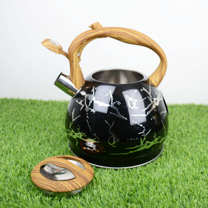 Colorful Painting Bollitore Whistling Kettles 3.0L Stove Top Single Bottom Whistling Kettle with Wooden Handle (Silver)