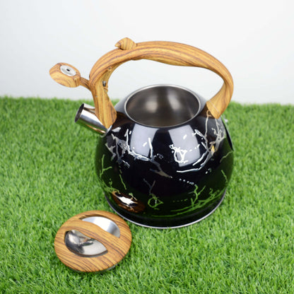 Colorful Painting Bollitore Whistling Kettles 3.0L Stove Top Single Bottom Whistling Kettle with Wooden Handle (Silver)