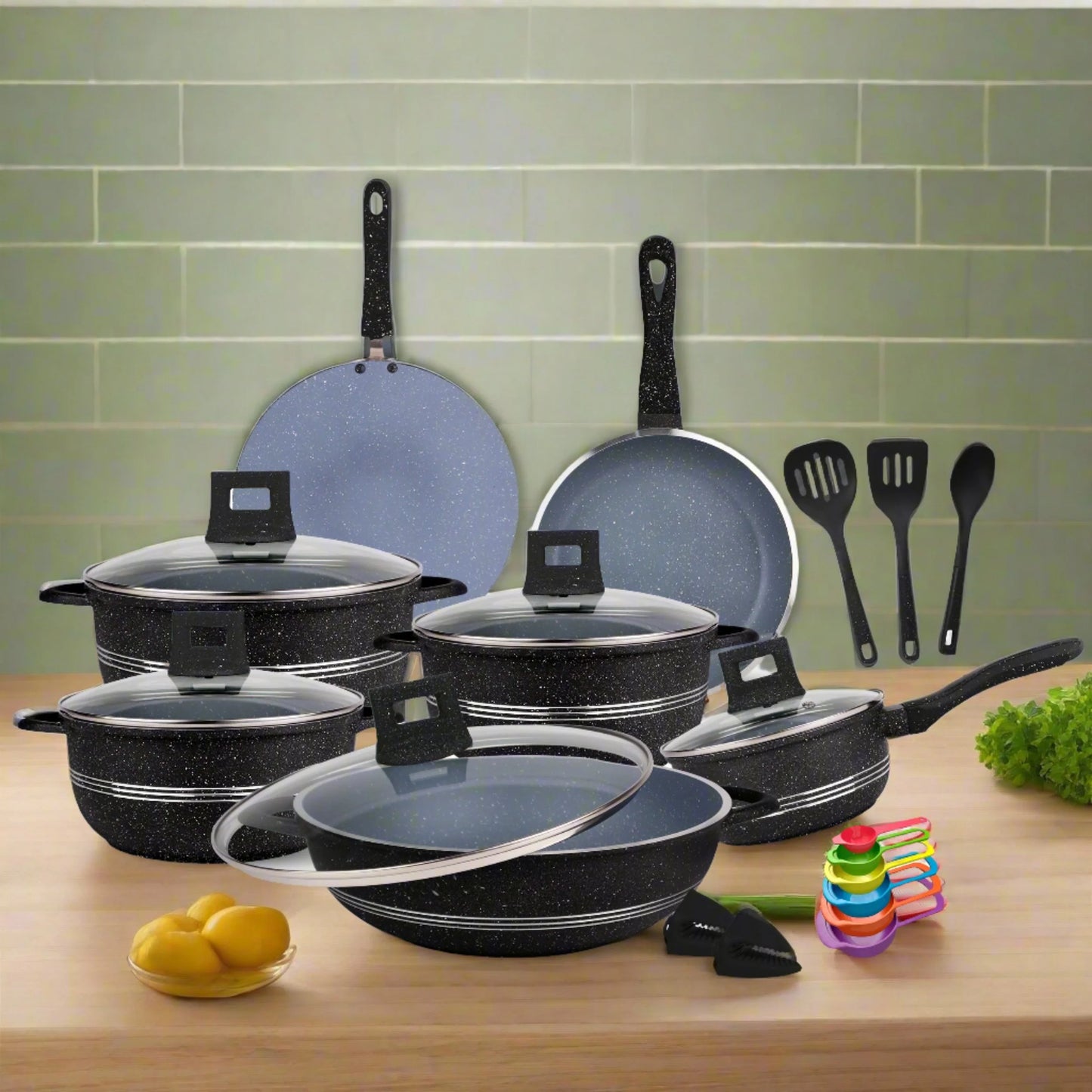 Majestic Chef Marble Coating DIE CAST NONSTICK COOKWARE SET-(23PCS)/Kitchen Set - Black