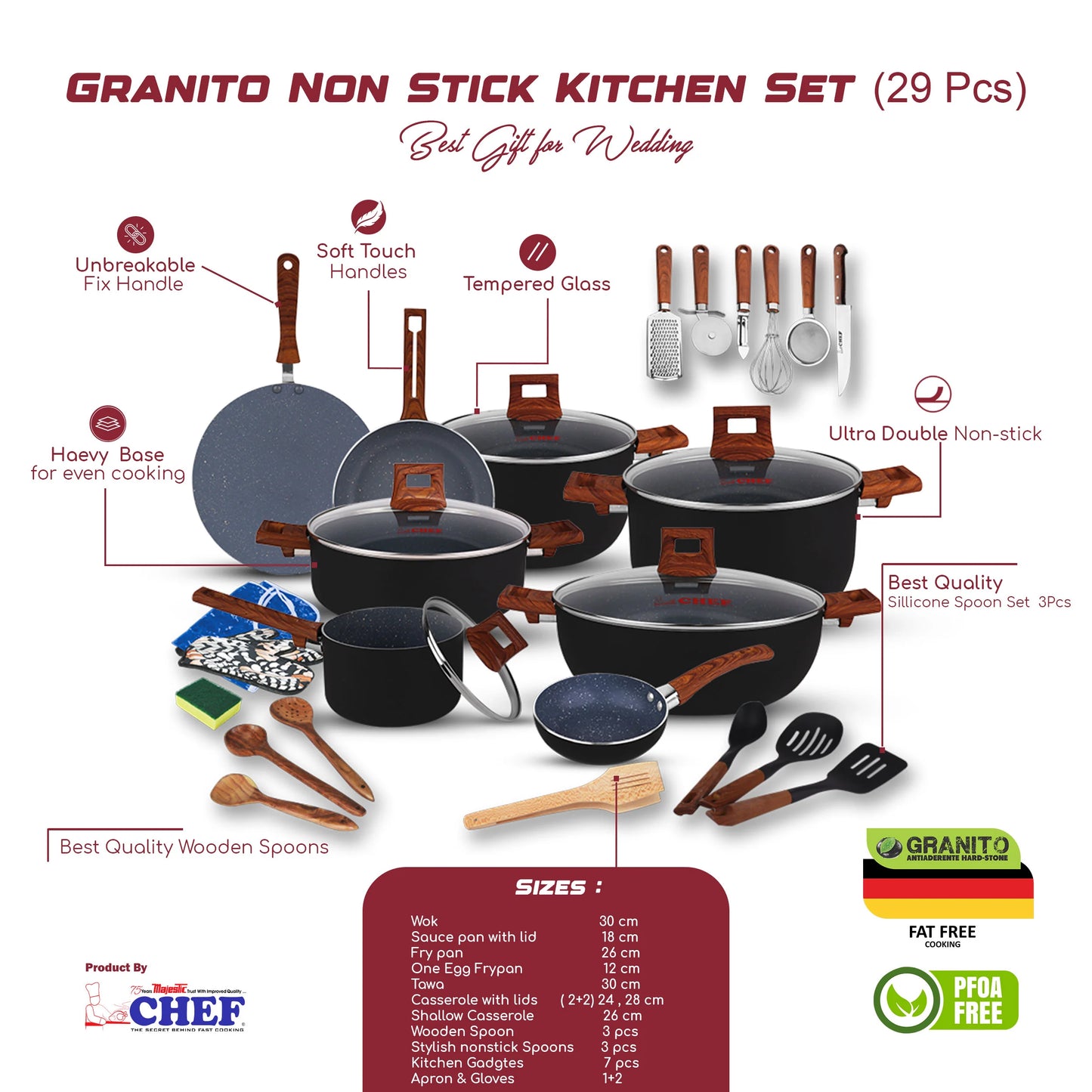 Chef Best Aluminum Non Stick Kitchen Set 29 Pcs New Arrival Cookware Set - Granito Series