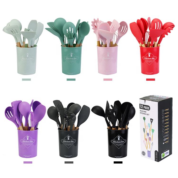Hot Sale 12 Pieces Silicone Kitchen Accessories Cooking Tools Kitchen Spatula Utensils Sets With Wooden Handle