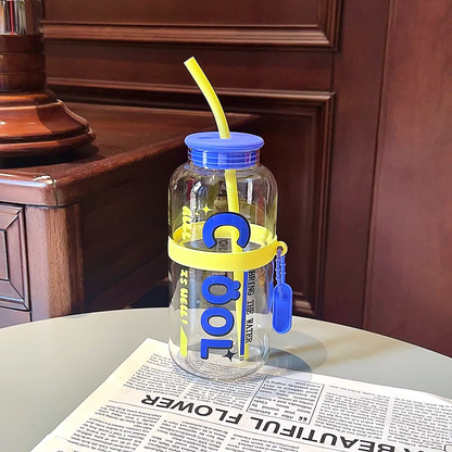 2025 New Cute 730ml Mirror Glass Cup with Straw Office Household Minimalist English Glass Water Bottle
