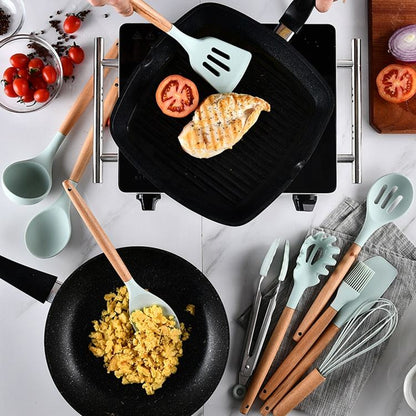 Hot Sale 12 Pieces Silicone Kitchen Accessories Cooking Tools Kitchen Spatula Utensils Sets With Wooden Handle