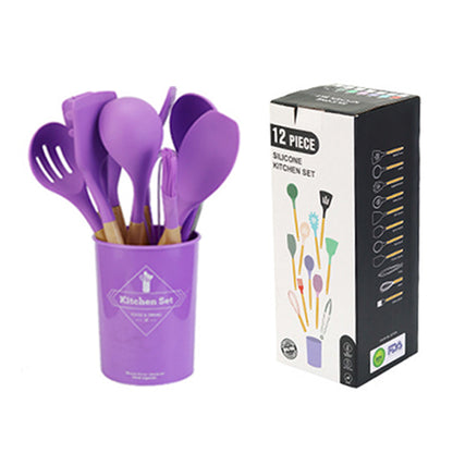 Hot Sale 12 Pieces Silicone Kitchen Accessories Cooking Tools Kitchen Spatula Utensils Sets With Wooden Handle