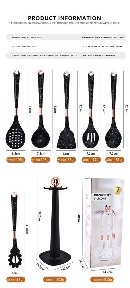 Non-Stick Spatula Silicone Soup Spoon Colander Seven-Piece Kitchen Cooking Spatula Spoon With Stand Silicone Kitchenware Set 2