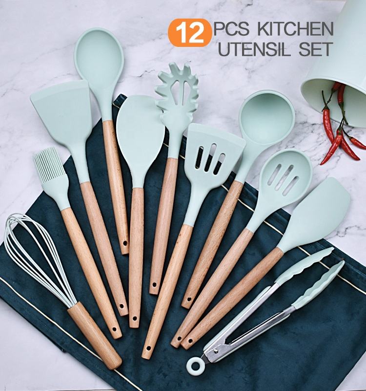 Hot Sale 12 Pieces Silicone Kitchen Accessories Cooking Tools Kitchen Spatula Utensils Sets With Wooden Handle