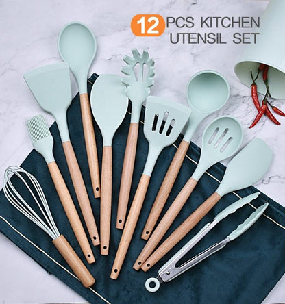 Hot Sale 12 Pieces Silicone Kitchen Accessories Cooking Tools Kitchen Spatula Utensils Sets With Wooden Handle