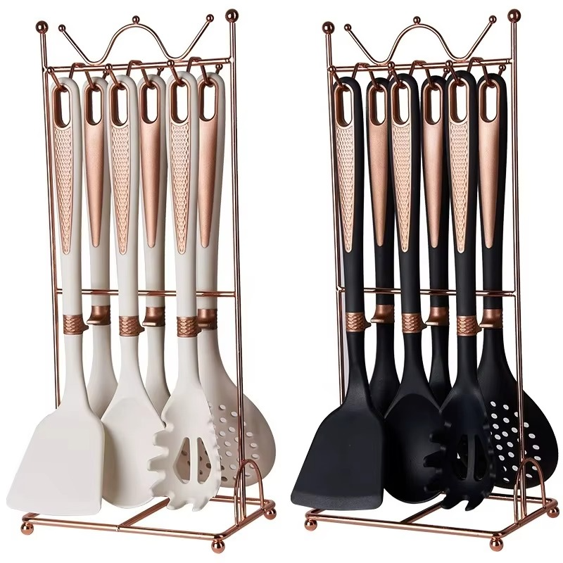 Non-Stick Spatula Silicone Soup Spoon Colander Seven-Piece Kitchen Cooking Spatula Spoon With Stand Silicone Kitchenware Set