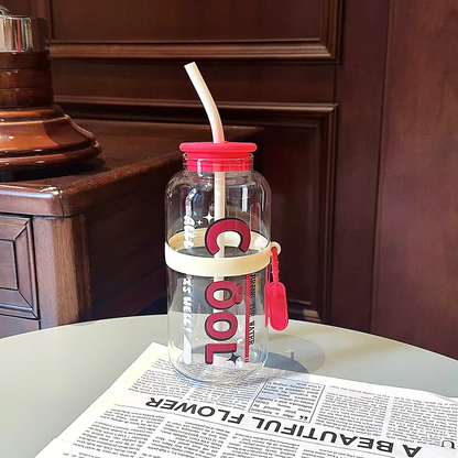 2025 New Cute 730ml Mirror Glass Cup with Straw Office Household Minimalist English Glass Water Bottle