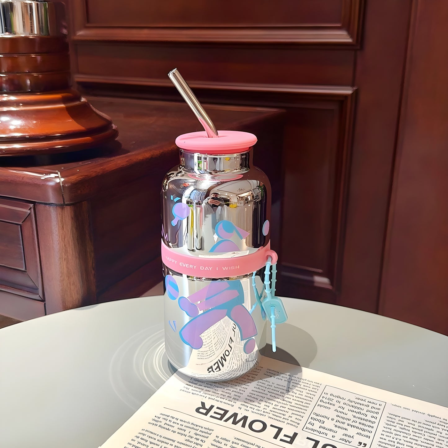 KY New Cute 730ml Mirror Glass Cup with Straw Office Household Minimalist Glass Water Bottle