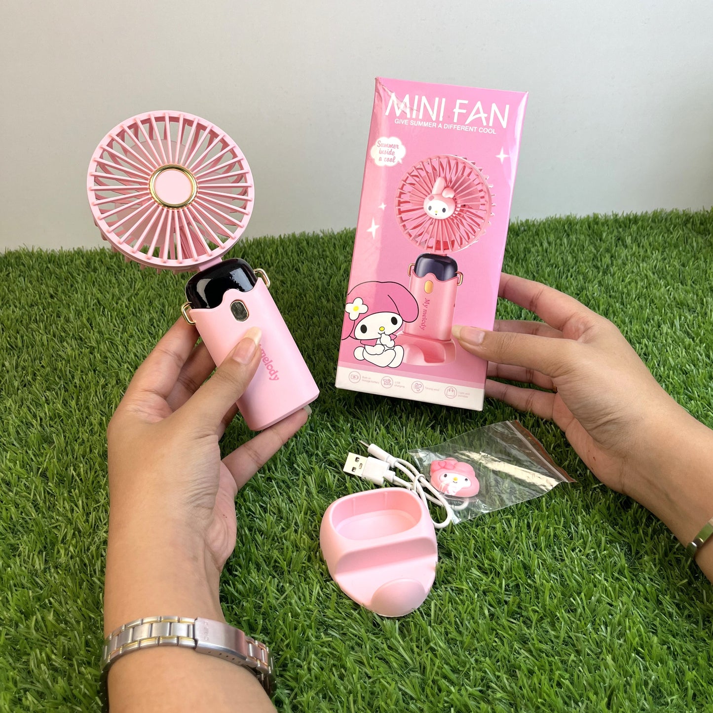 Rechargeable handheld or table fan with cell phone holder, 4 styles