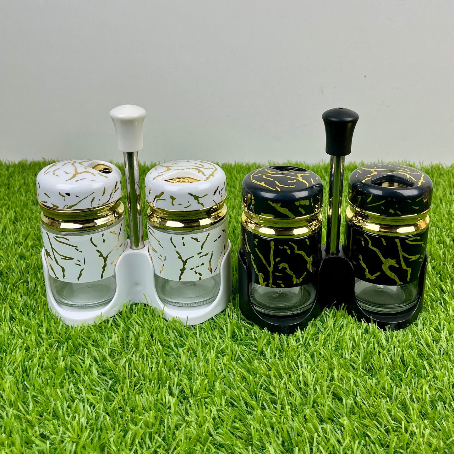 Salt & Pepper Cruet Set – Glass Hars Modern Marble Design and Convenient Top Lid (2 Pcs)