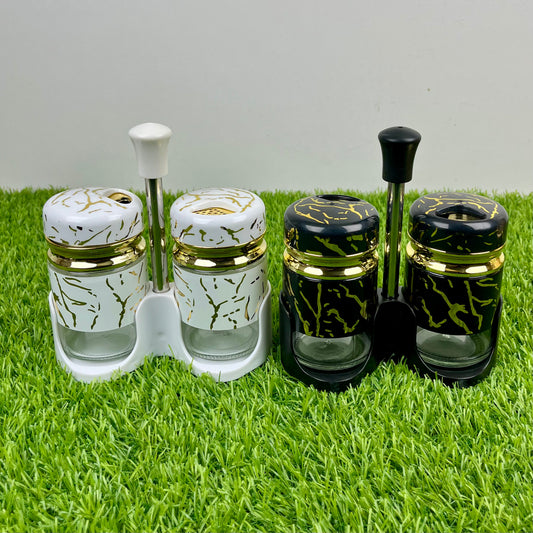 Salt & Pepper Cruet Set – Glass Hars Modern Marble Design and Convenient Top Lid (2 Pcs)