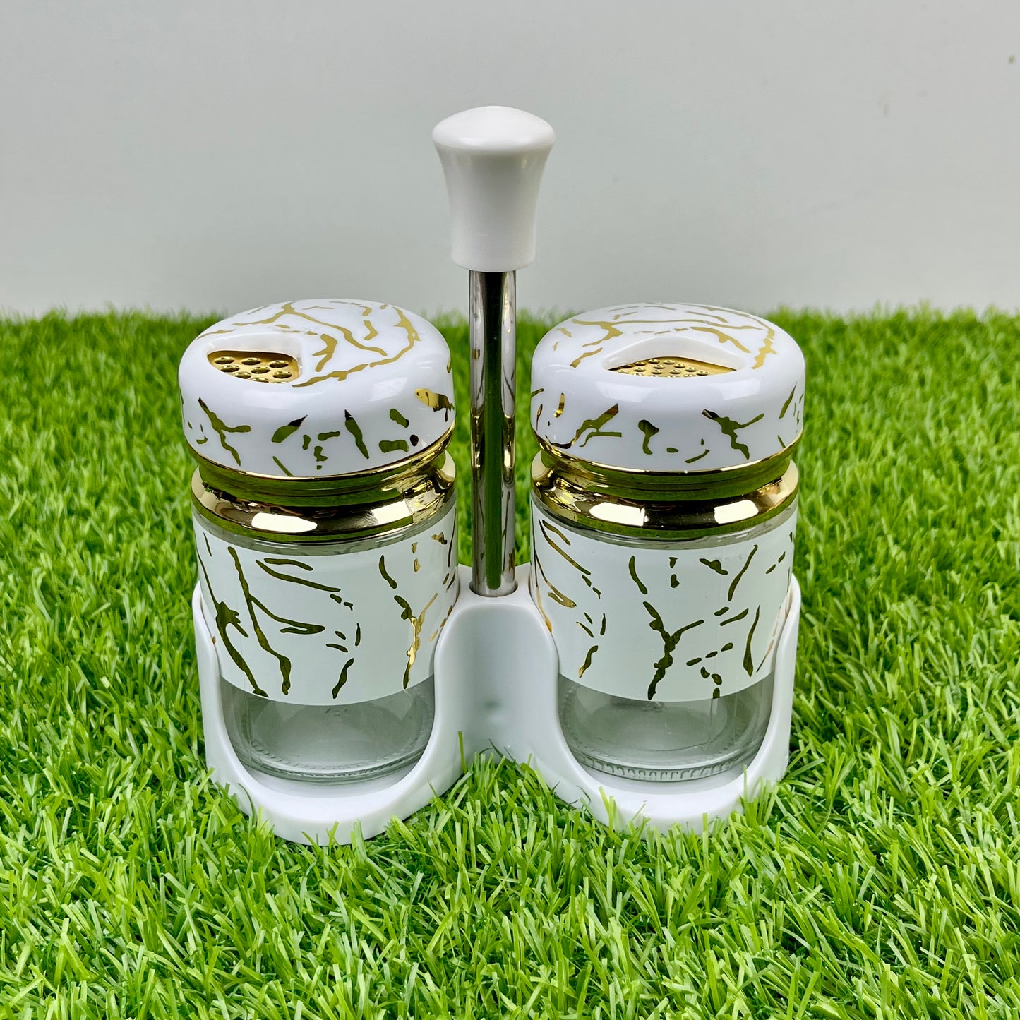 Salt & Pepper Cruet Set – Glass Hars Modern Marble Design and Convenient Top Lid (2 Pcs)