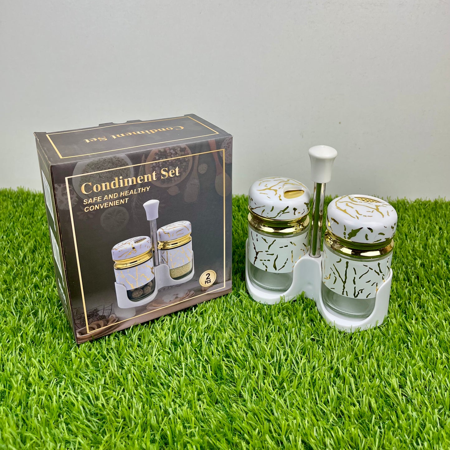 Salt & Pepper Cruet Set – Glass Hars Modern Marble Design and Convenient Top Lid (2 Pcs)