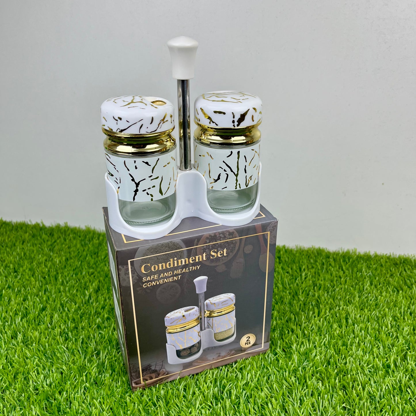 Salt & Pepper Cruet Set – Glass Hars Modern Marble Design and Convenient Top Lid (2 Pcs)