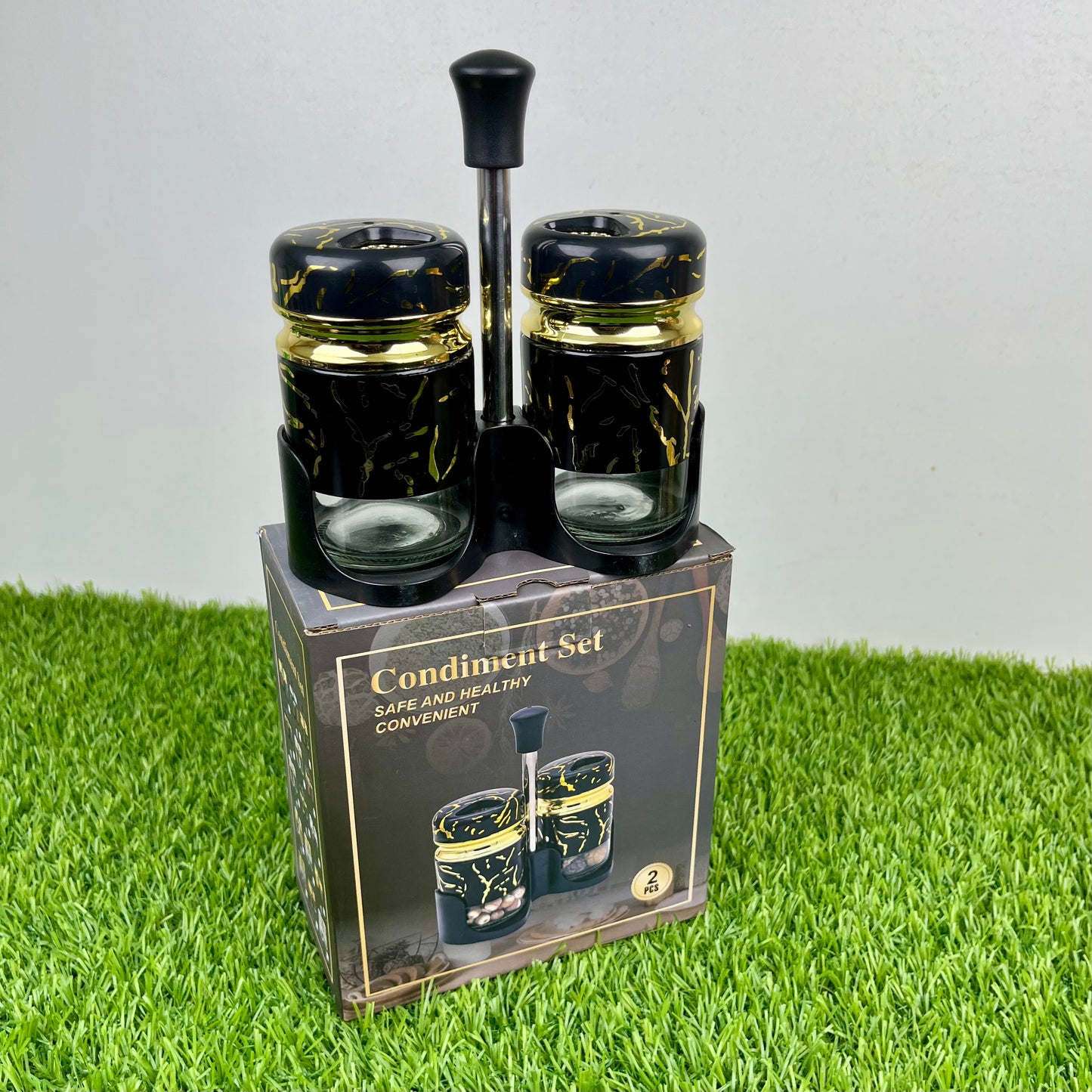 Salt & Pepper Cruet Set – Glass Hars Modern Marble Design and Convenient Top Lid (2 Pcs)