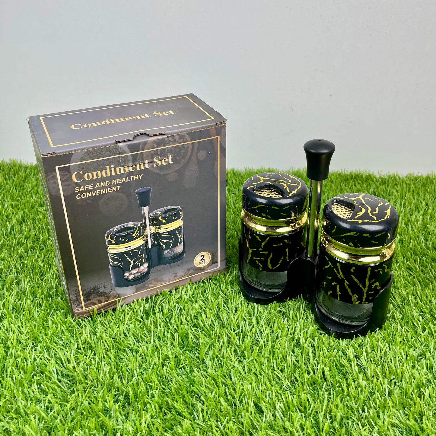 Salt & Pepper Cruet Set – Glass Hars Modern Marble Design and Convenient Top Lid (2 Pcs)