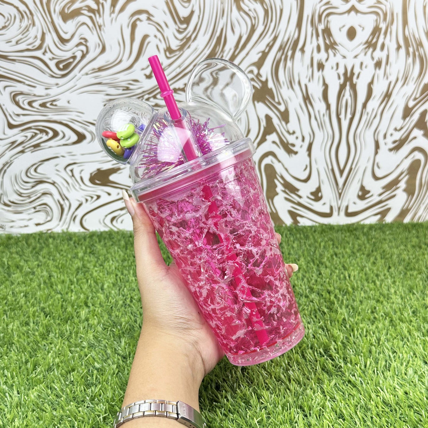Seaygift 500ml Double Wall clear Ice Tumbler Cups Fruit Juice Summer Drinks Bottle Mouse Ear Plastic Water Bottle with Straw
