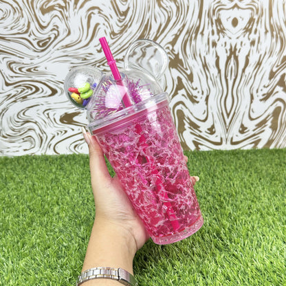 Seaygift 500ml Double Wall clear Ice Tumbler Cups Fruit Juice Summer Drinks Bottle Mouse Ear Plastic Water Bottle with Straw