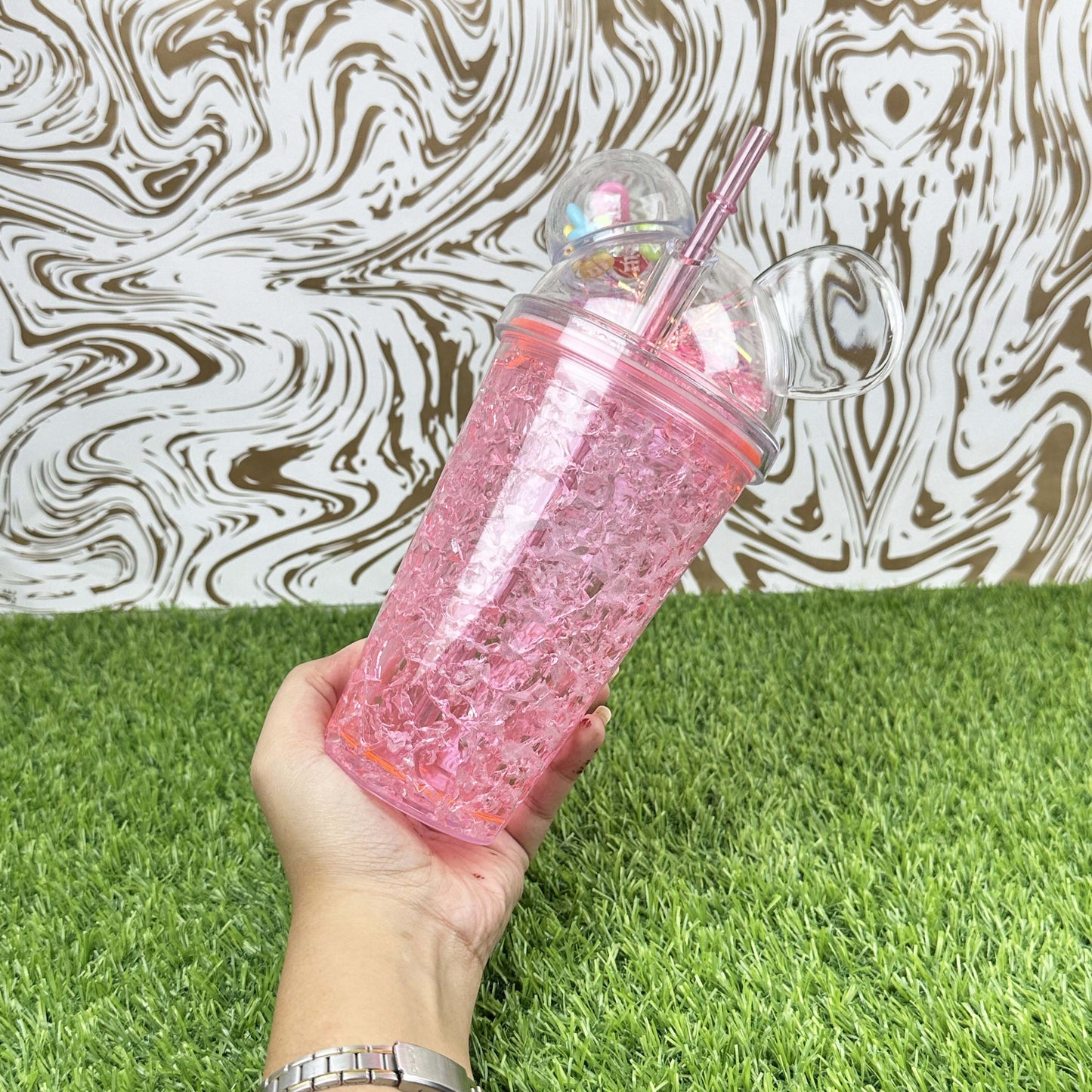 Seaygift 500ml Double Wall clear Ice Tumbler Cups Fruit Juice Summer Drinks Bottle Mouse Ear Plastic Water Bottle with Straw