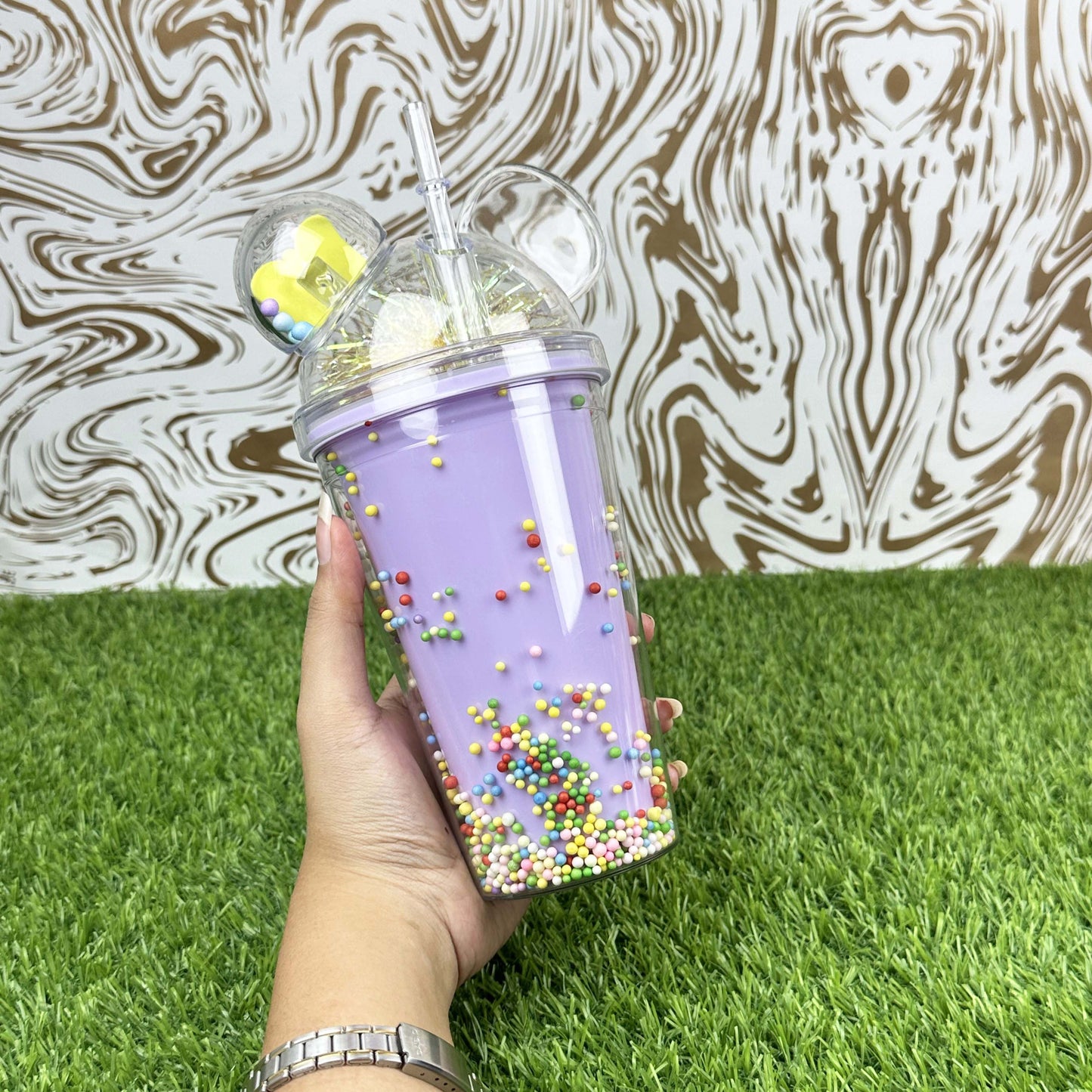 Seaygift 500ml Double Wall clear Ice Tumbler Cups Fruit Juice Summer Drinks Bottle Mouse Ear Plastic Water Bottle with Straw