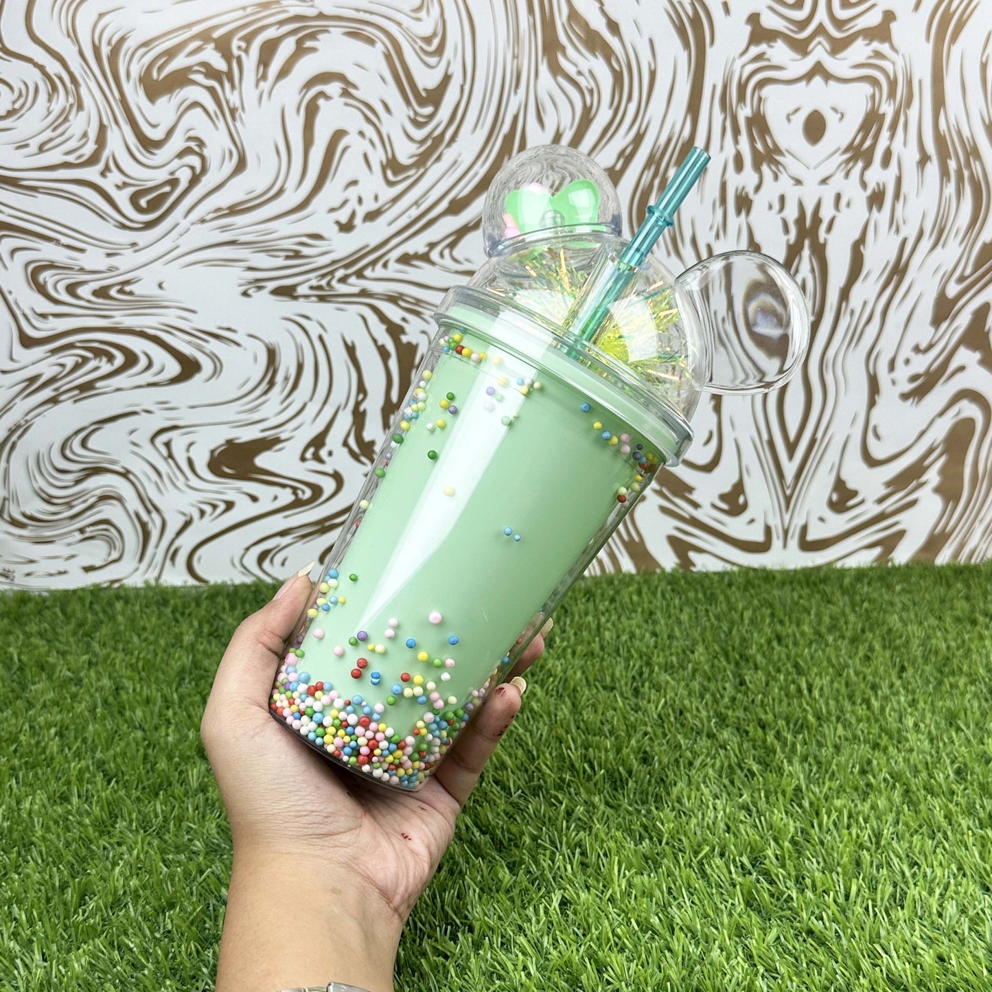 Seaygift 500ml Double Wall clear Ice Tumbler Cups Fruit Juice Summer Drinks Bottle Mouse Ear Plastic Water Bottle with Straw