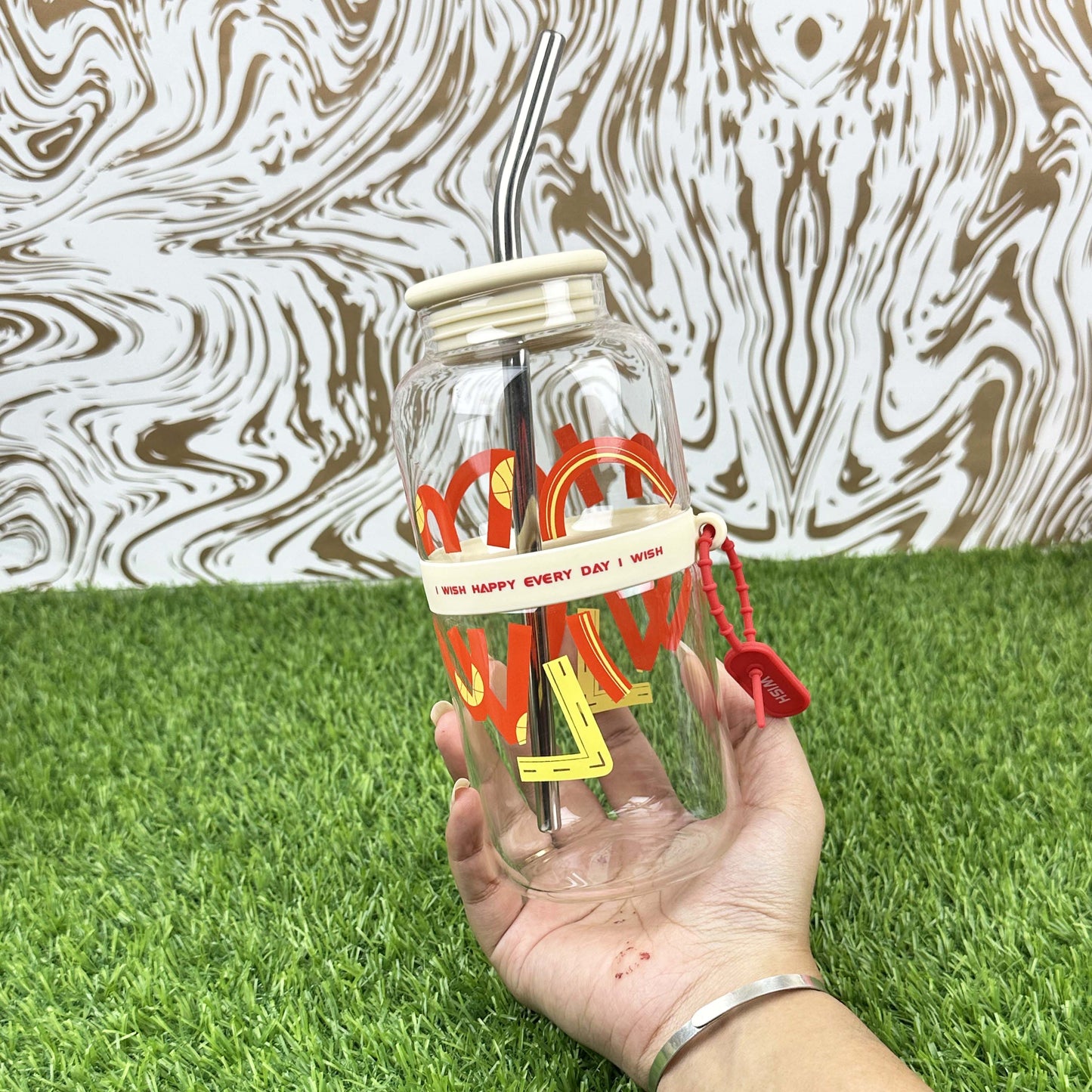 2025 New Cute 730ml Mirror Glass Cup with Straw Office Household Minimalist English Glass Water Bottle