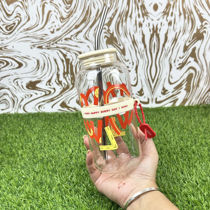 2025 New Cute 730ml Mirror Glass Cup with Straw Office Household Minimalist English Glass Water Bottle