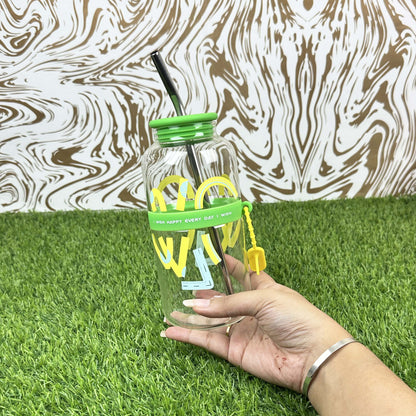 2025 New Cute 730ml Mirror Glass Cup with Straw Office Household Minimalist English Glass Water Bottle