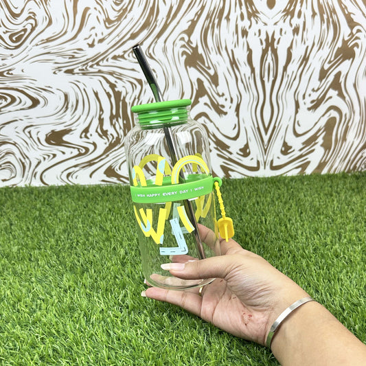 2025 New Cute 730ml Mirror Glass Cup with Straw Office Household Minimalist English Glass Water Bottle