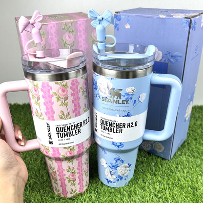 Floral Tumblers With Bow Straw Lid - Quencher 40 OZ