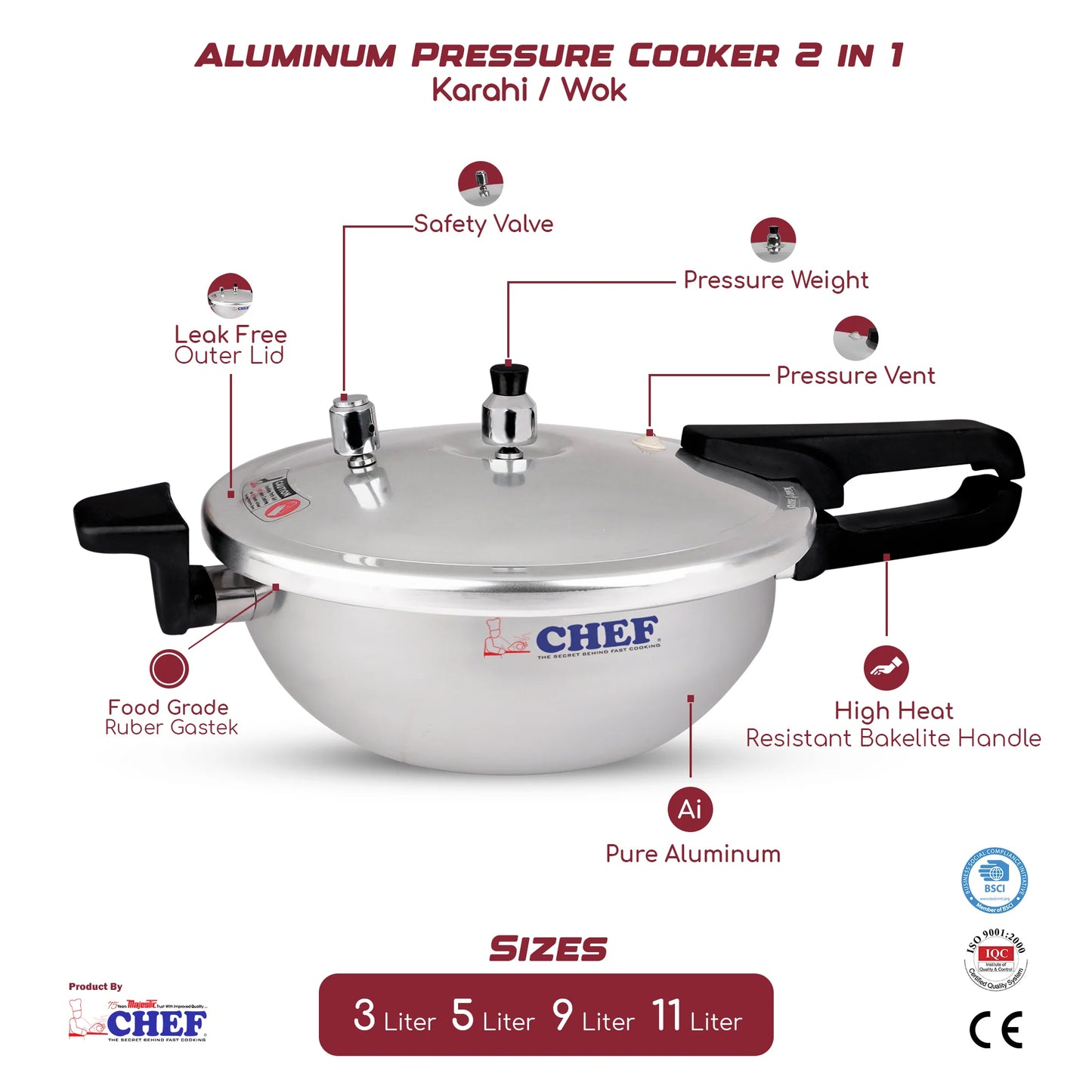 CHEF Aluminum Pressure Cooker Karahi Aluminum 2 In 1 - 11 Liter