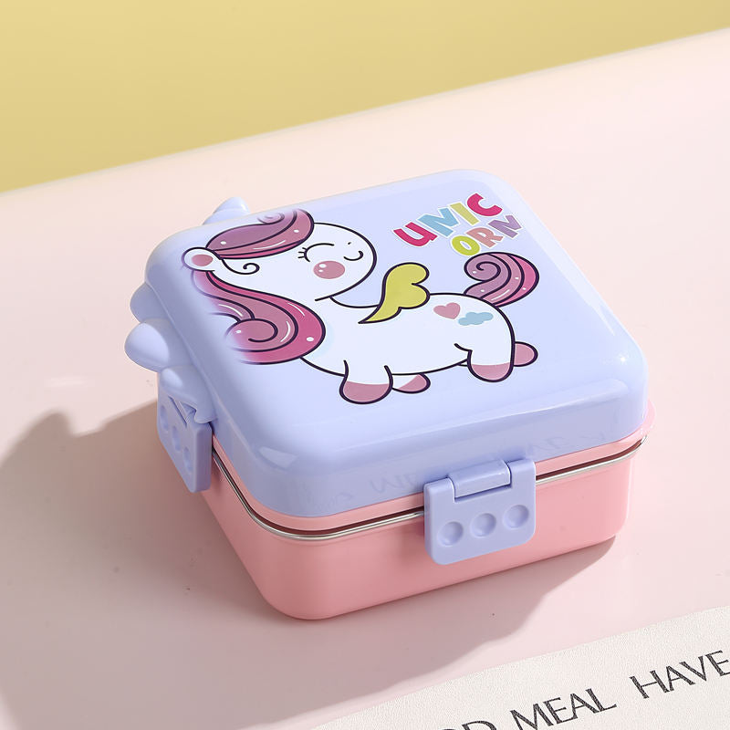 Unicorn Square Stainless Steel Lunch Box 1120ml + 70ml for School Kids Take away Food Storage with Sauce Bowl Leak-proof OEM ODM