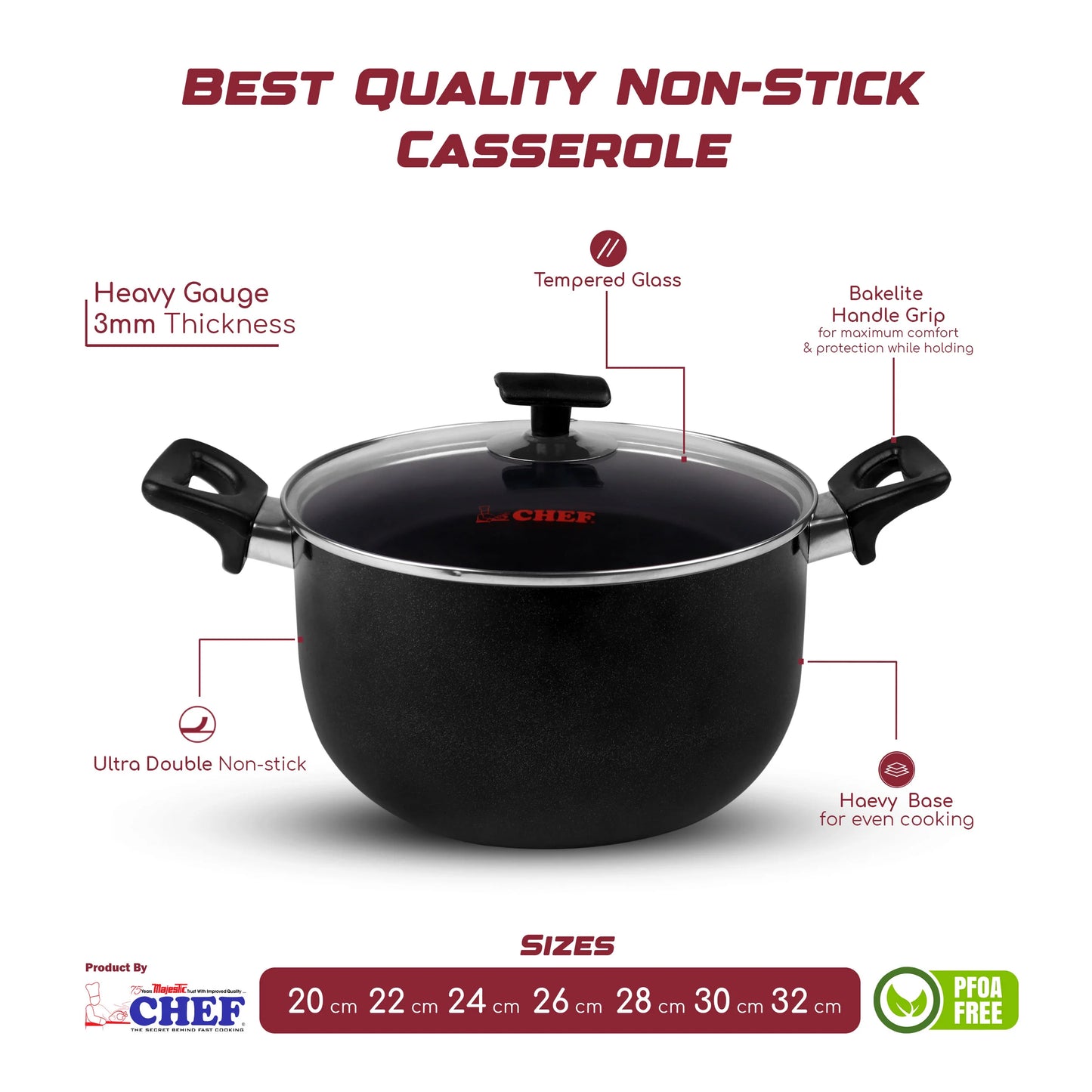 Chef Best Non-Stick Casserole / Cooking Pot With Glass Lid - 26 cm