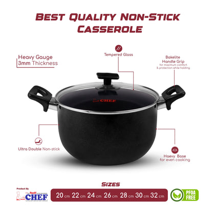 Chef Best Non-Stick Casserole / Cooking Pot With Glass Lid - 26 cm