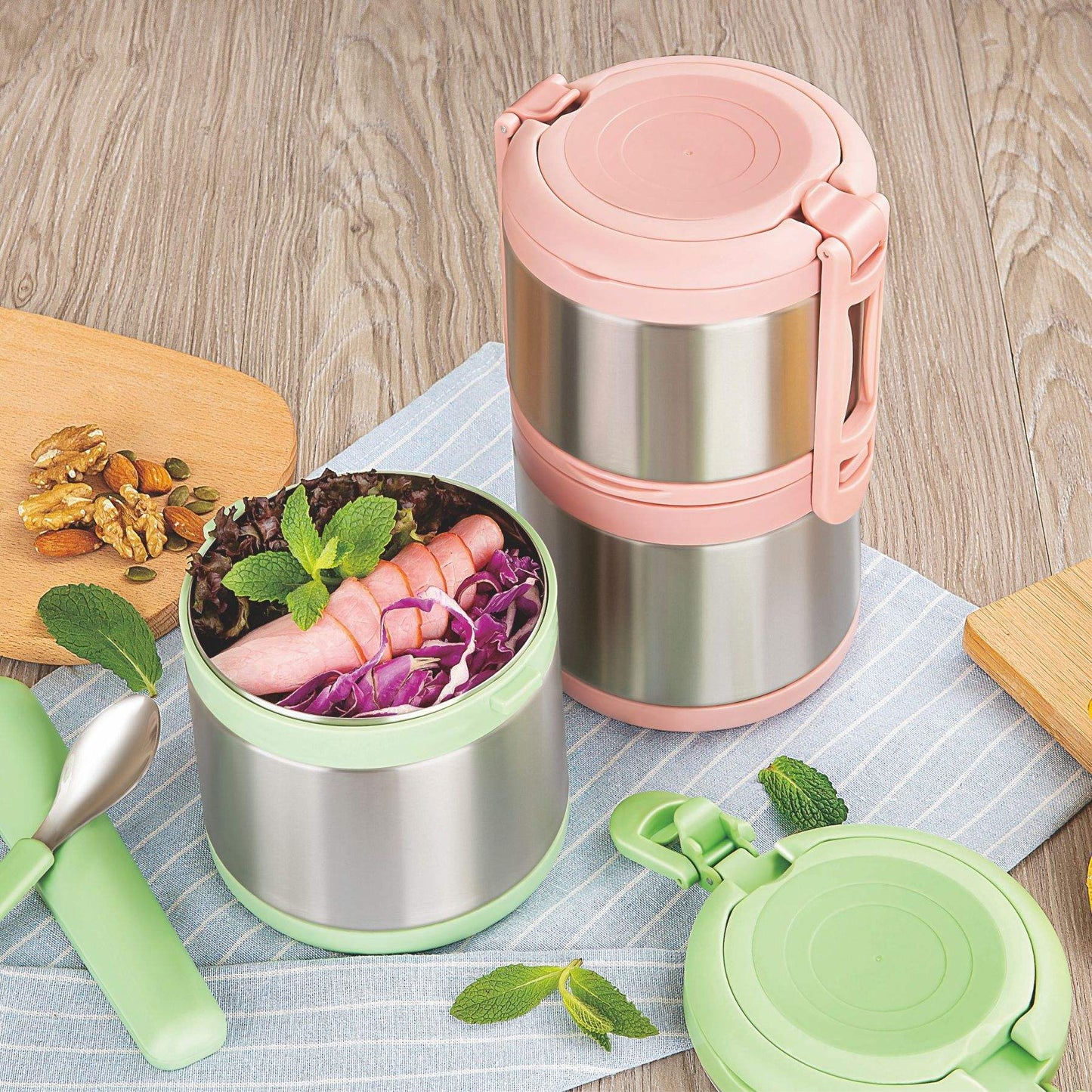 1 tier 850ml Vacuum Thermo Food jar 2 tiers 1400ml Stainless Steel Food Warmer Thermos Food container round hot lunch box