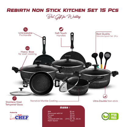 Chef Best Aluminum Non Stick Kitchen Set 15 Pcs New Arrival Cookware Set - Marble Coating Rebirth Black