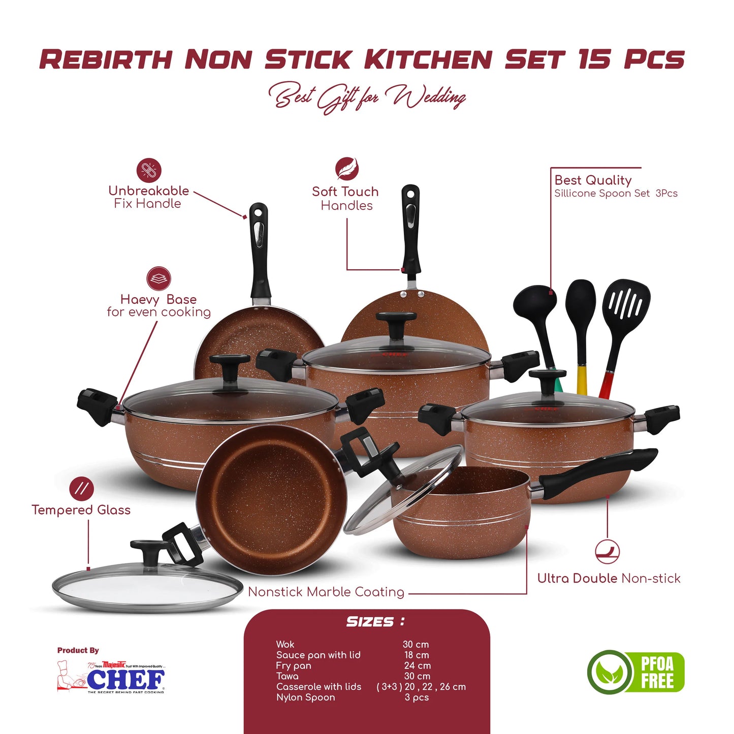 Chef Best Aluminum Non Stick Kitchen Set 15 Pcs New Arrival Cookware Set - Copper Rebirth