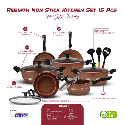 Chef Best Aluminum Non Stick Kitchen Set 15 Pcs New Arrival Cookware Set - Copper Rebirth