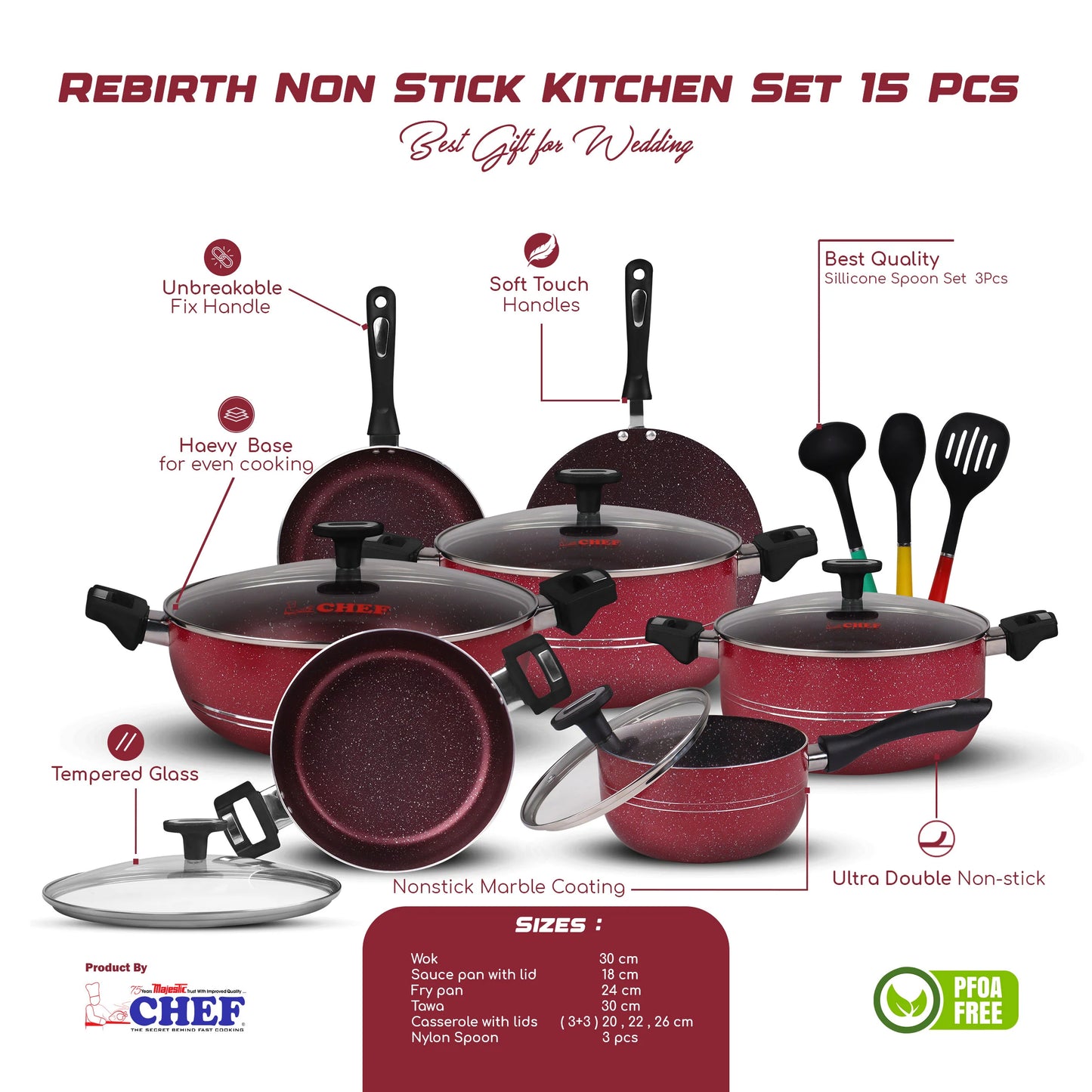 Chef Best Aluminum Non Stick Kitchen Set 15 Pcs New Arrival Cookware Set - Maroon Rebirth
