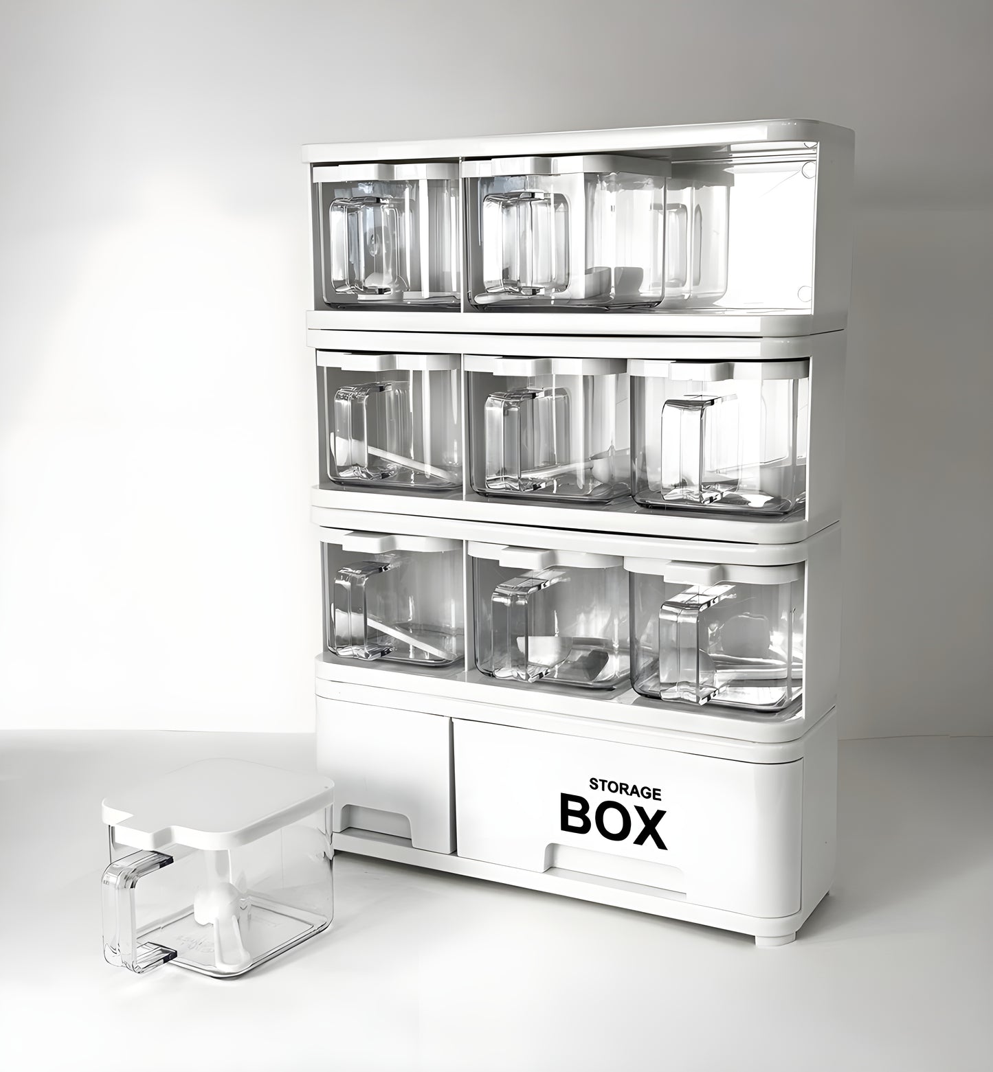 White Color Storage Box Condiments & Spice Rack With 9 Spice Jars And Spoons