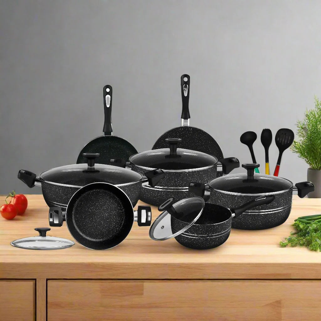 Chef Best Aluminum Non Stick Kitchen Set 15 Pcs New Arrival Cookware Set - Marble Coating 330 Black