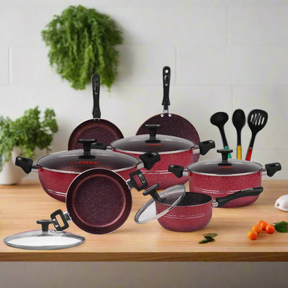 Chef Best Aluminum Non Stick Kitchen Set 15 Pcs New Arrival Cookware Set - Maroon 330