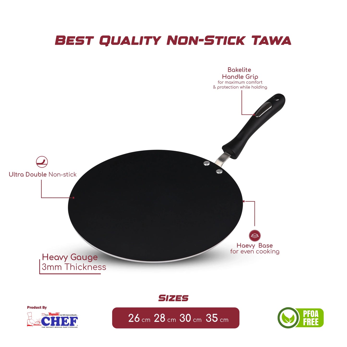 Chef Best Non Stick Tawa / Paratha Pan - Fix Handle - 28 cm