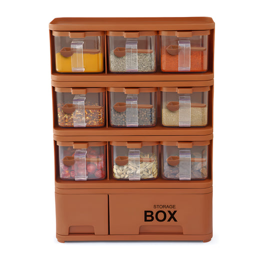 Storage Box Condiments & Spice Rack With 9 Spice Jars And Spoons