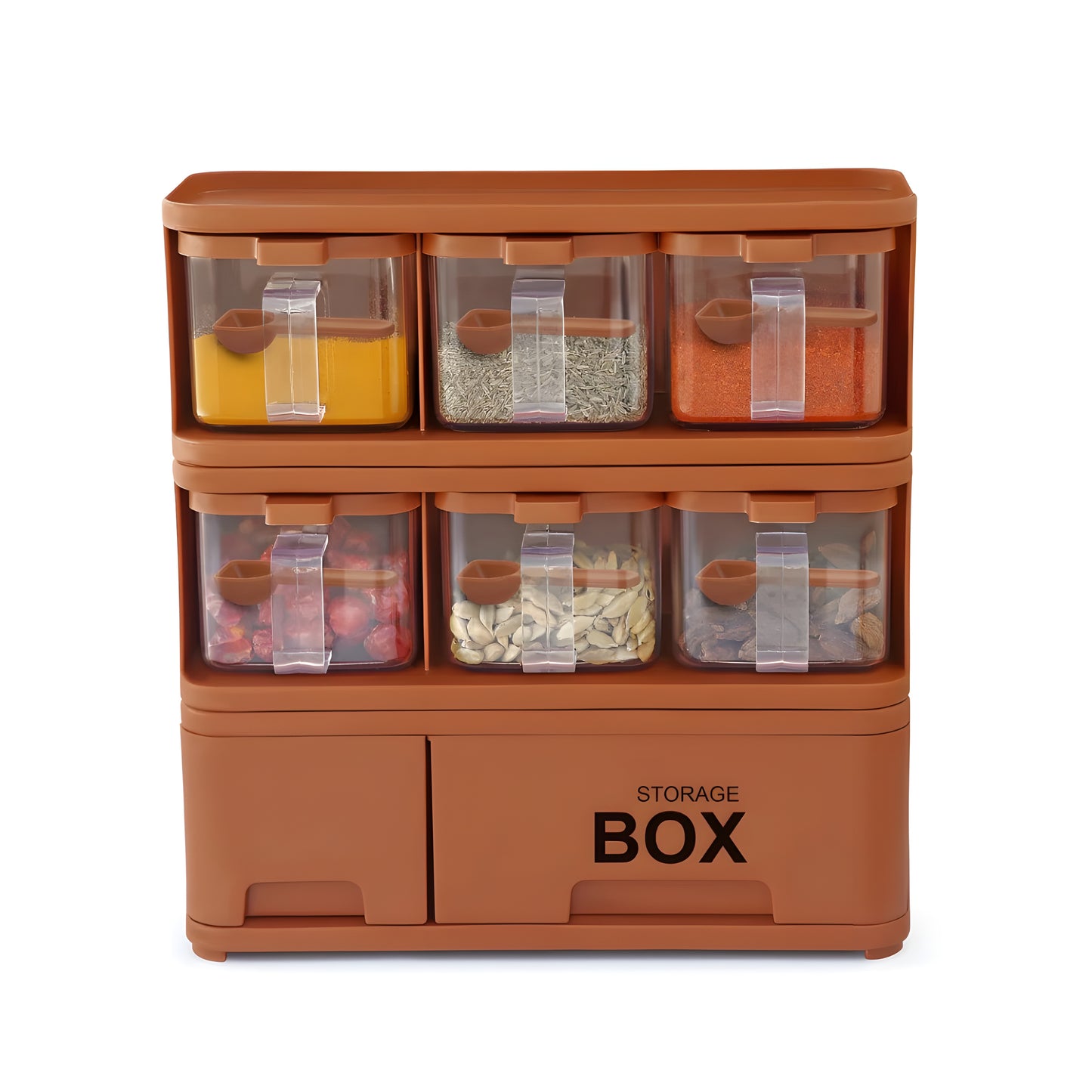 Storage Box Condiments & Spice Rack With 6 Spice Jars And Spoons