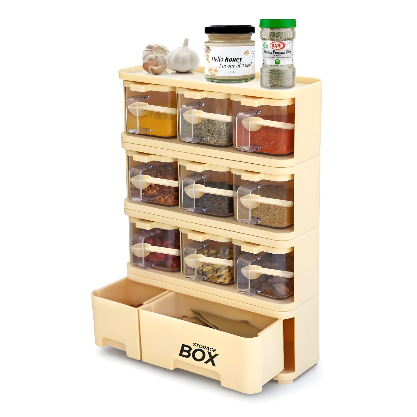 Storage Box Condiments & Spice Rack With 9 Spice Jars And Spoons